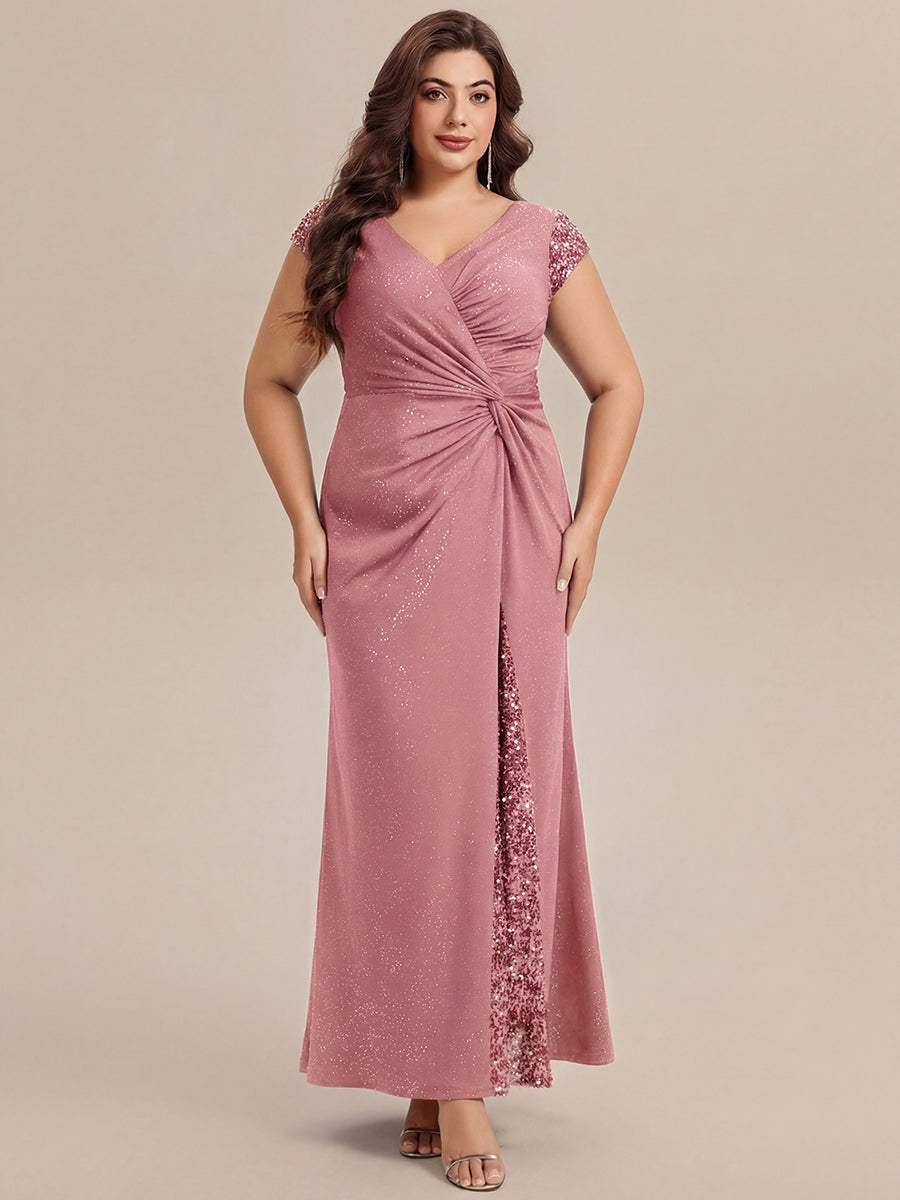 Robe moulante à manches courtes en stretch élevé avec décolleté en V noué et détails en sequins #Couleur_Rose fumee