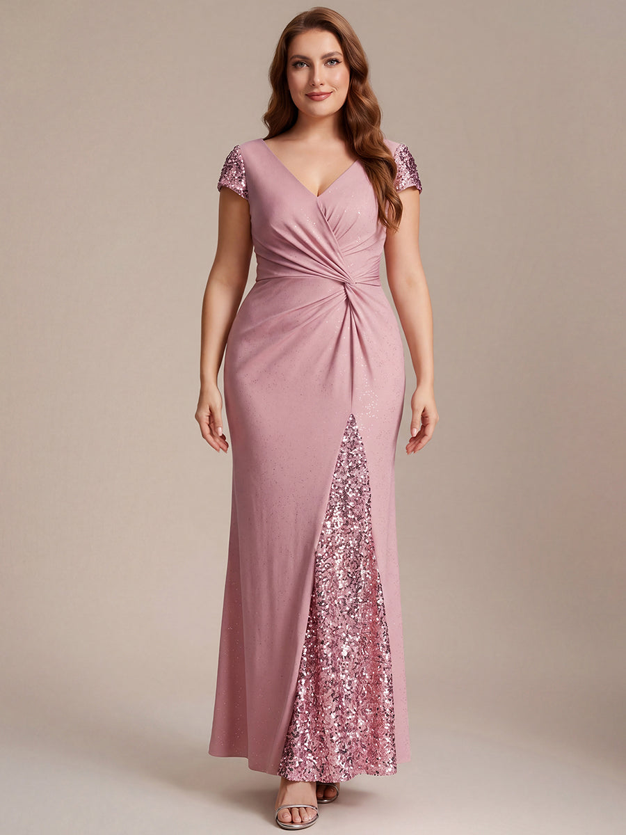 Robe moulante à manches courtes en stretch élevé avec décolleté en V noué et détails en sequins #Couleur_Rose fumee