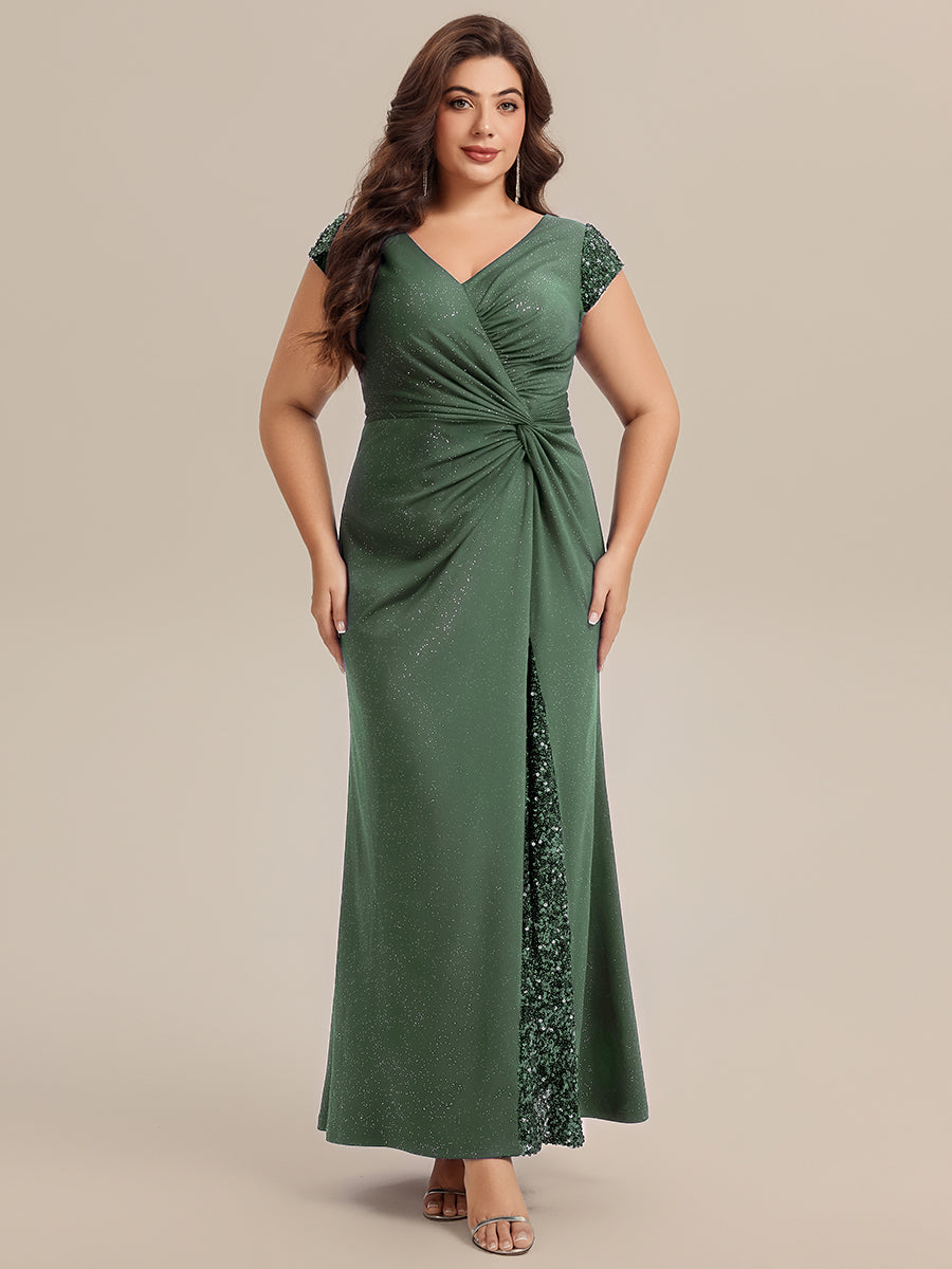 Robe moulante à manches courtes en stretch élevé avec décolleté en V noué et détails en sequins #Couleur_Eukalyptus Grün