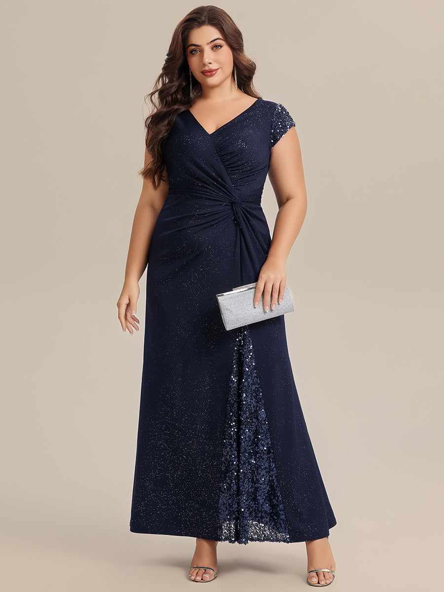 Robe moulante à manches courtes en stretch élevé avec décolleté en V noué et détails en sequins #Couleur_Bleu Marine