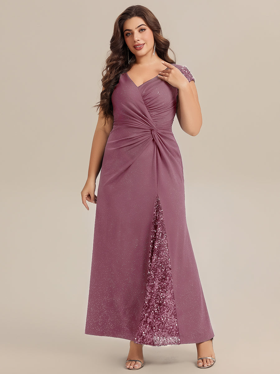 Robe moulante à manches courtes en stretch élevé avec décolleté en V noué et détails en sequins #Couleur_Orchidee