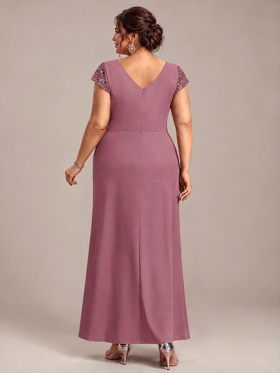 Robe moulante à manches courtes en stretch élevé avec décolleté en V noué et détails en sequins #Couleur_Orchidee