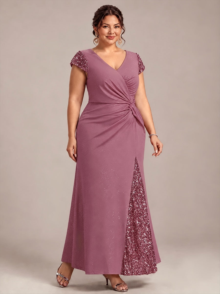 Robe moulante à manches courtes en stretch élevé avec décolleté en V noué et détails en sequins #Couleur_Orchidee