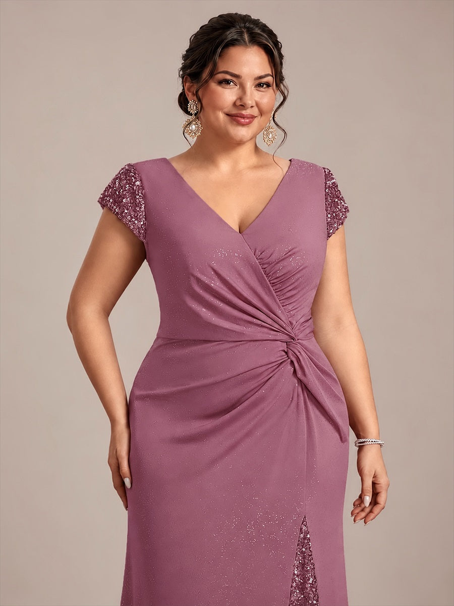 Robe moulante à manches courtes en stretch élevé avec décolleté en V noué et détails en sequins #Couleur_Orchidee