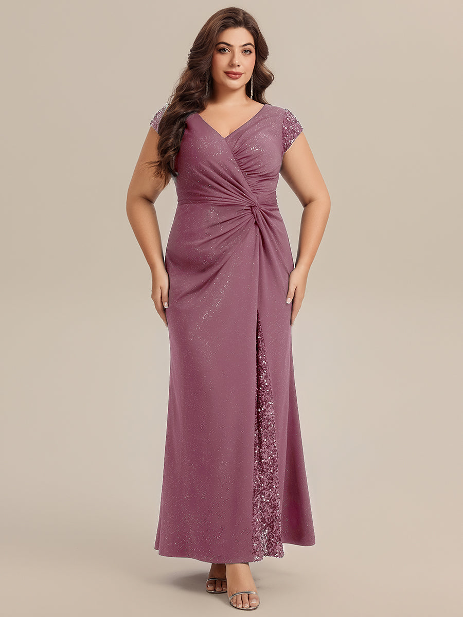 Robe moulante à manches courtes en stretch élevé avec décolleté en V noué et détails en sequins #Couleur_Orchidee