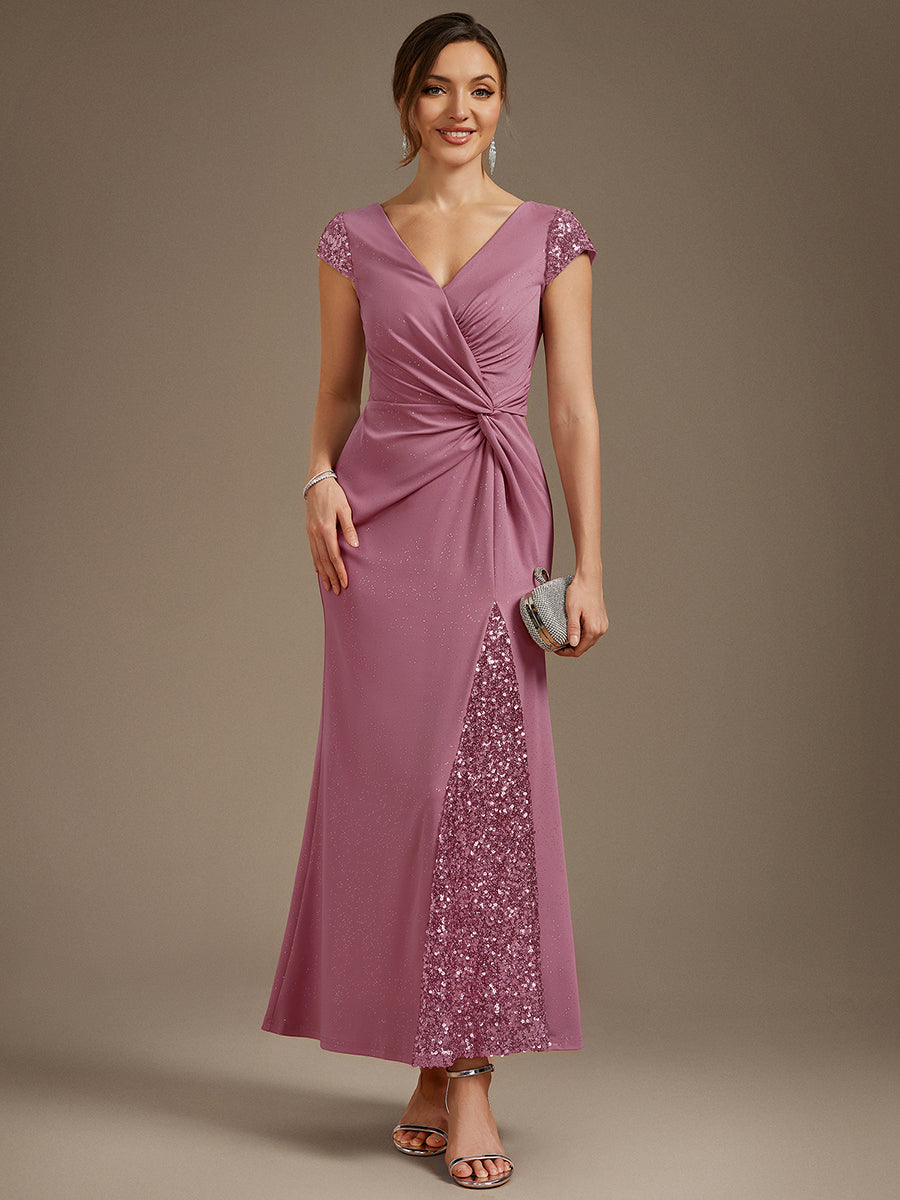 Robe moulante à manches courtes en stretch élevé avec décolleté en V noué et détails en sequins #Couleur_Orchidee