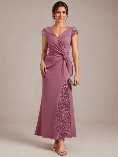 ever KAIA|Robe Moulante Stretch à Manches Courtes Col V Noué avec Sequins