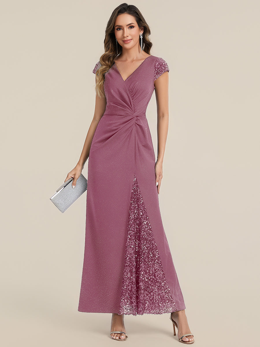 Robe moulante à manches courtes en stretch élevé avec décolleté en V noué et détails en sequins #Couleur_Orchidee
