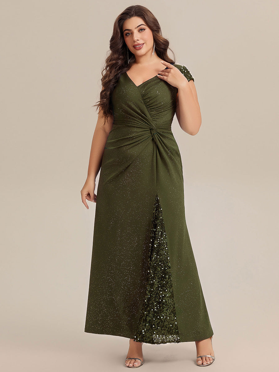 Robe moulante à manches courtes en stretch élevé avec décolleté en V noué et détails en sequins #Couleur_Vert Olive