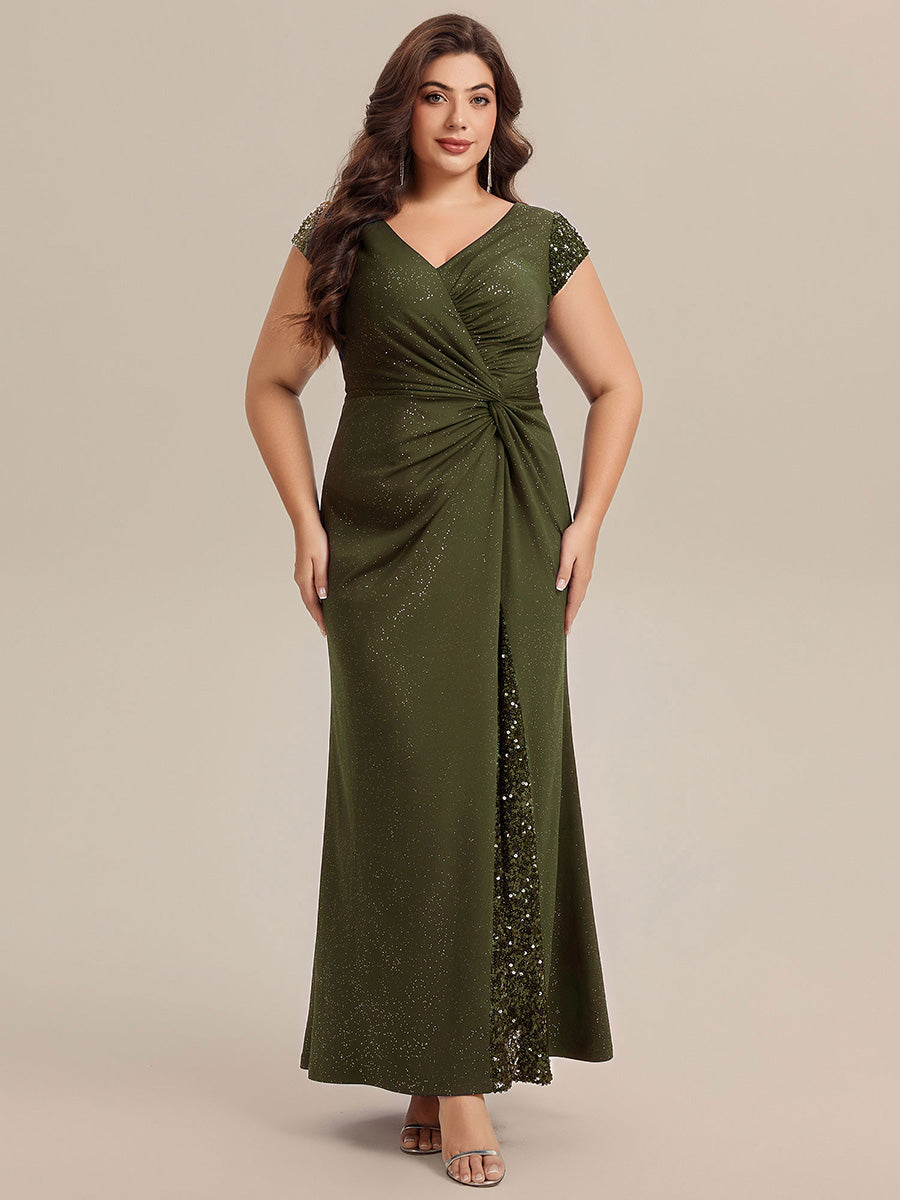 Robe moulante à manches courtes en stretch élevé avec décolleté en V noué et détails en sequins #Couleur_Vert Olive