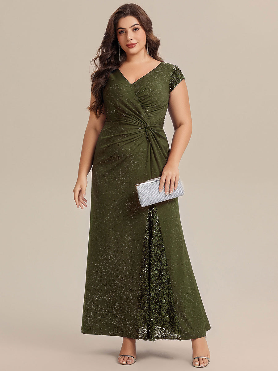 Robe moulante à manches courtes en stretch élevé avec décolleté en V noué et détails en sequins #Couleur_Vert Olive