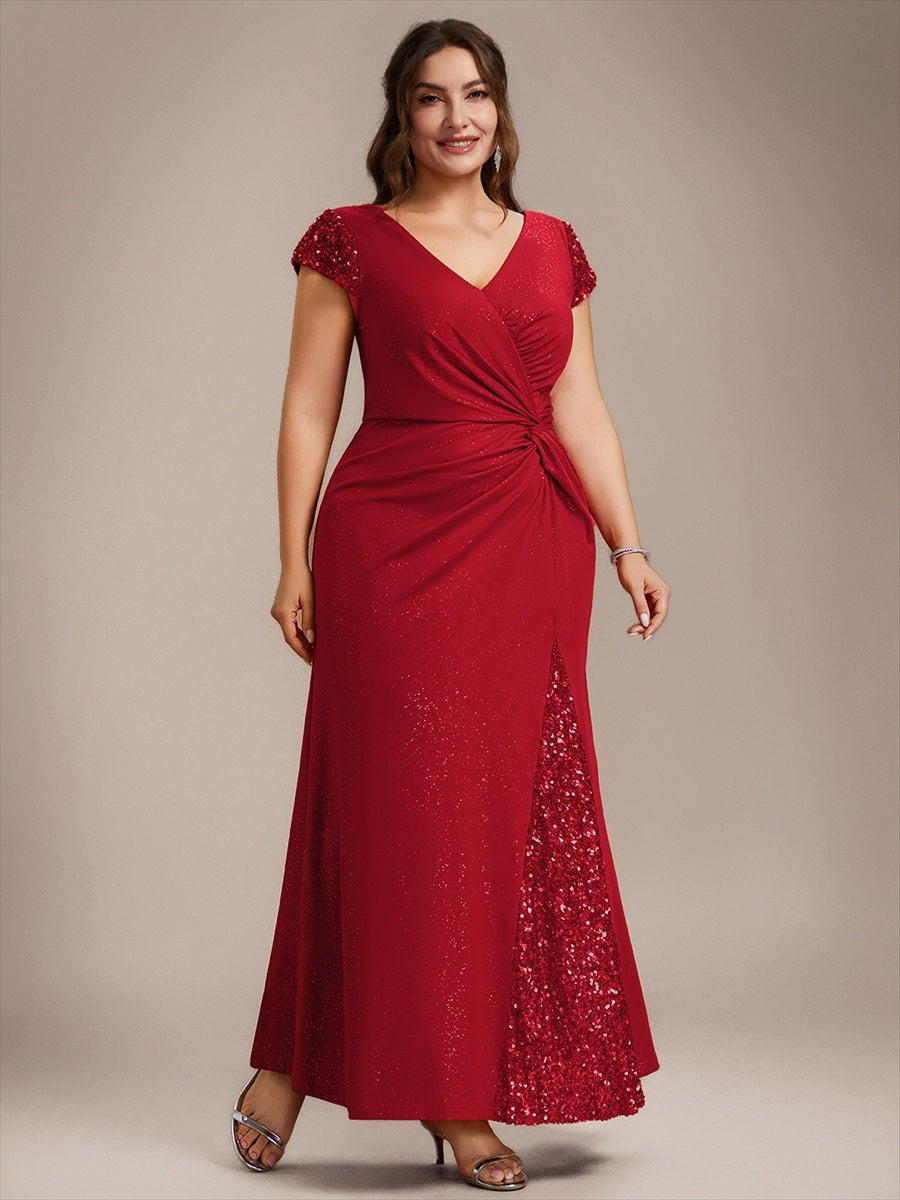Robe moulante à manches courtes en stretch élevé avec décolleté en V noué et détails en sequins #Couleur_Rouge