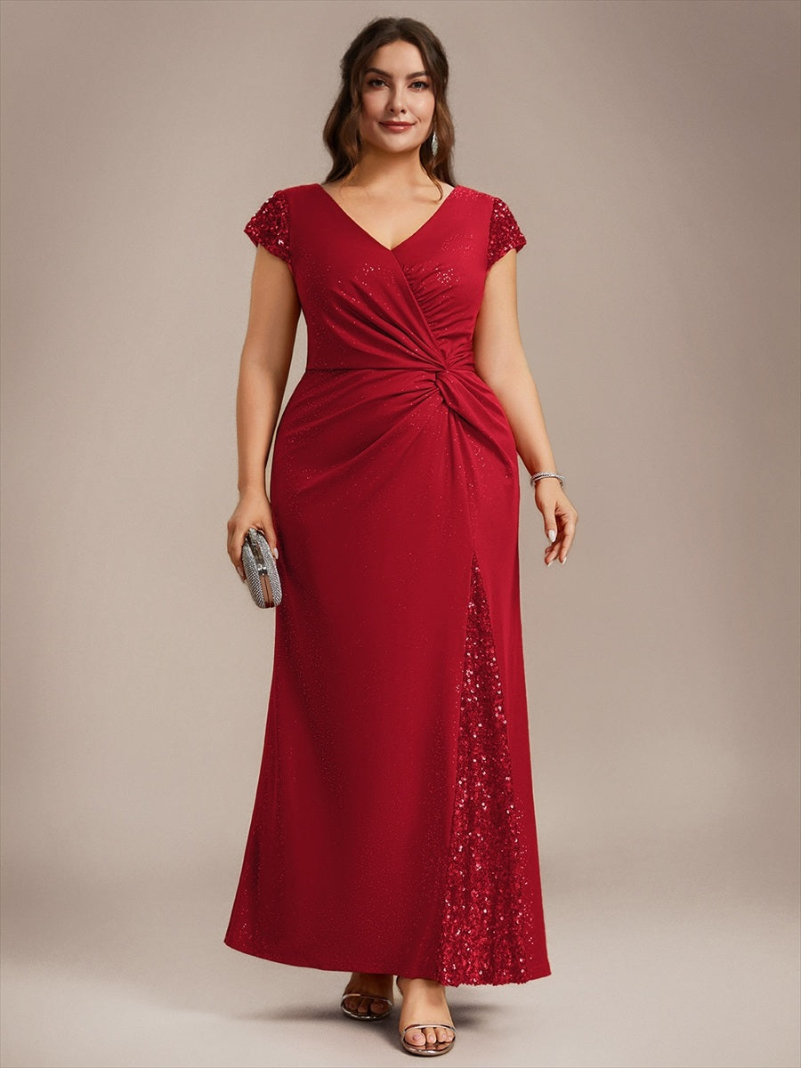 Robe moulante à manches courtes en stretch élevé avec décolleté en V noué et détails en sequins #Couleur_Rouge
