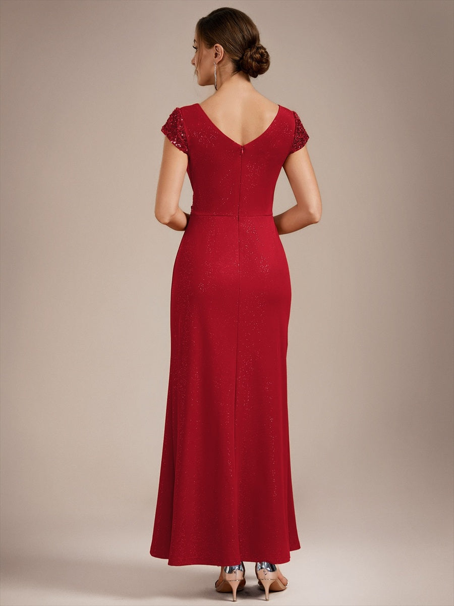 Robe moulante à manches courtes en stretch élevé avec décolleté en V noué et détails en sequins #Couleur_Rouge