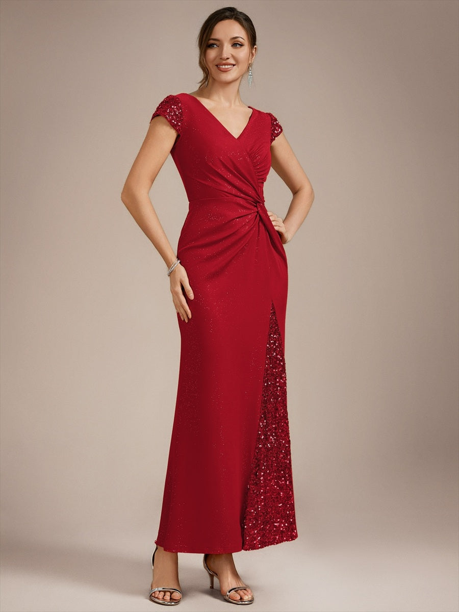 Robe moulante à manches courtes en stretch élevé avec décolleté en V noué et détails en sequins #Couleur_Rouge