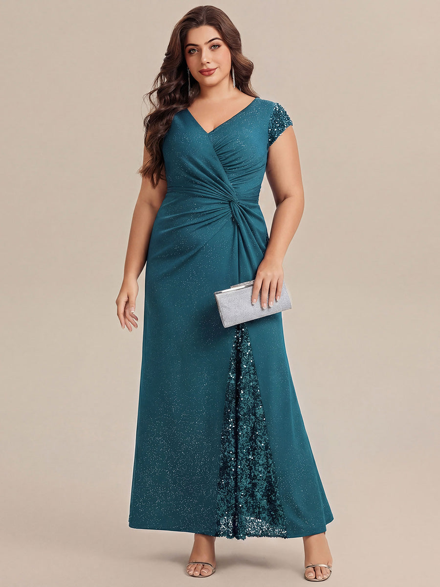 Robe moulante à manches courtes en stretch élevé avec décolleté en V noué et détails en sequins #Couleur_Bleu Sarcelle