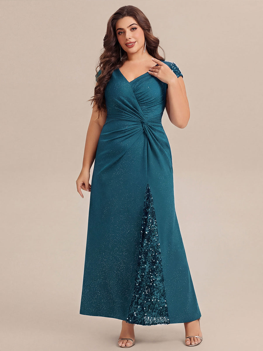 Robe moulante à manches courtes en stretch élevé avec décolleté en V noué et détails en sequins #Couleur_Bleu Sarcelle