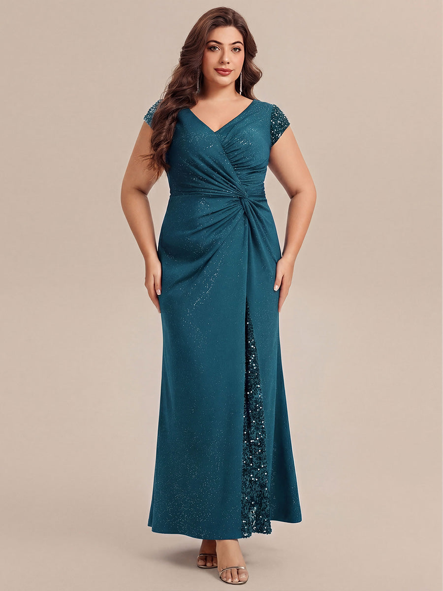 Robe moulante à manches courtes en stretch élevé avec décolleté en V noué et détails en sequins #Couleur_Bleu Sarcelle