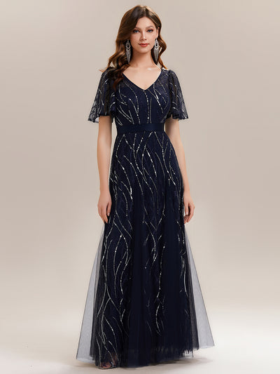 ever VEDA|Robe Longue à Manches Courtes à Volants Col V avec Détails en Sequins