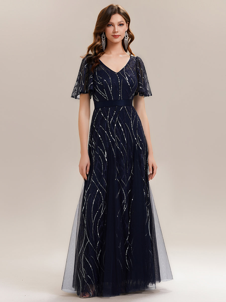 Robe longue à manches courtes avec volants sequins décolleté en V forme A #Couleur_Bleu Marine