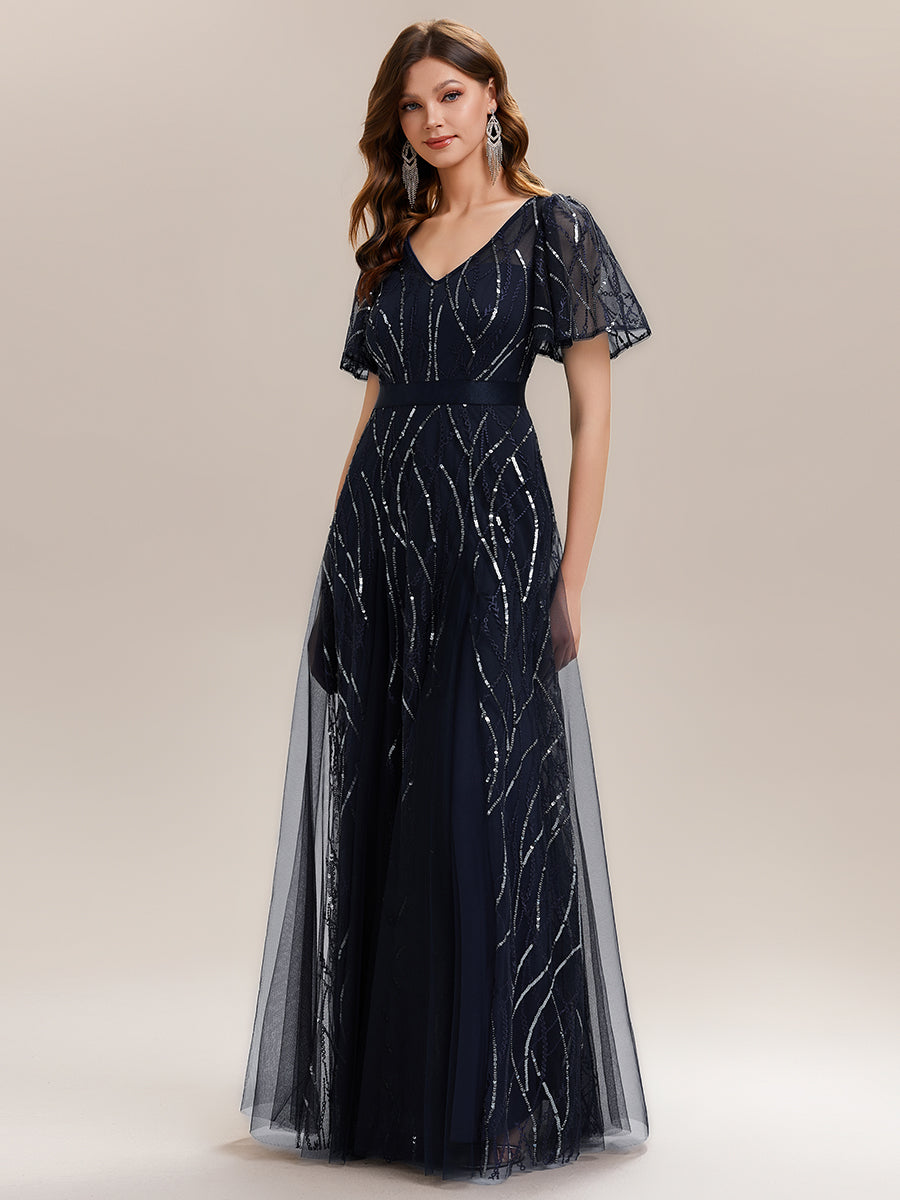 Robe longue à manches courtes avec volants sequins décolleté en V forme A #Couleur_Bleu Marine