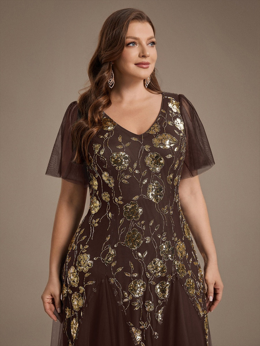 Robe longue à manches courtes en sequins avec volants et décolleté en V #Couleur_Marron chocolat