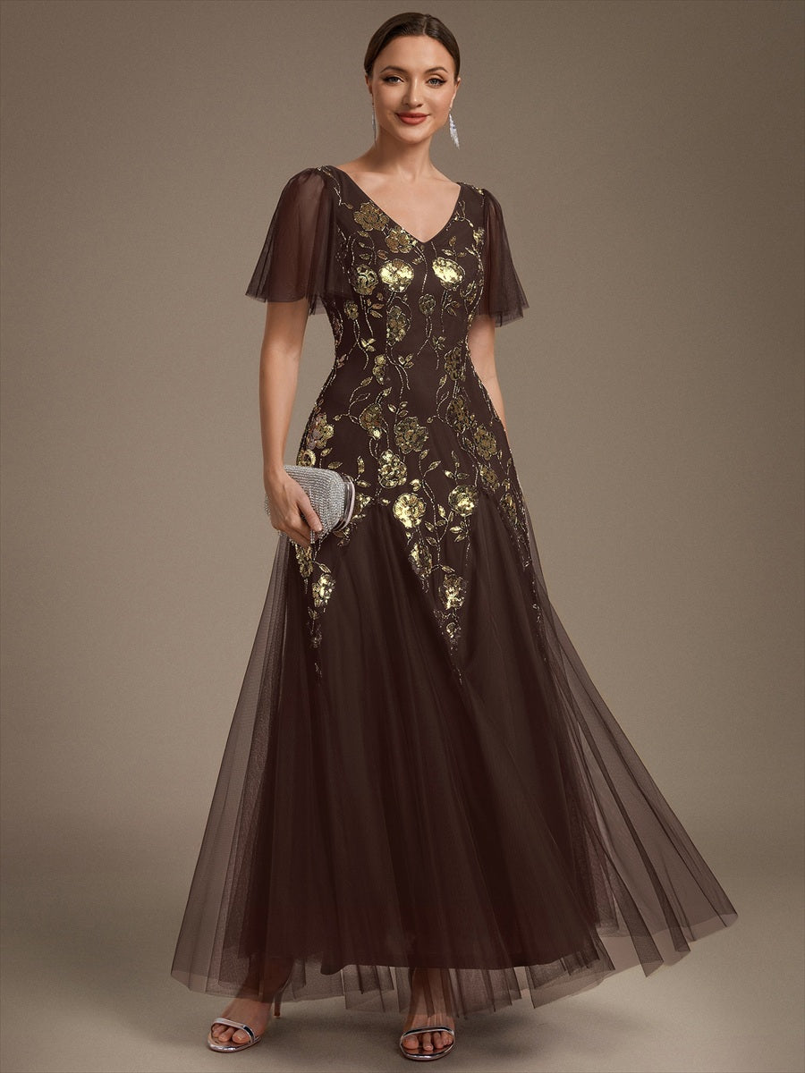 Robe longue à manches courtes en sequins avec volants et décolleté en V #Couleur_Marron chocolat
