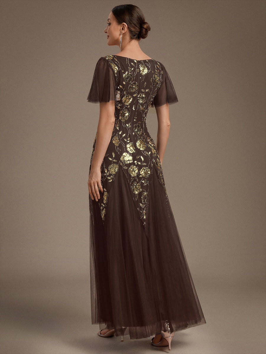Robe longue à manches courtes en sequins avec volants et décolleté en V #Couleur_Marron chocolat
