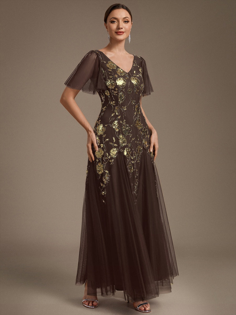 Robe longue à manches courtes en sequins avec volants et décolleté en V #Couleur_Marron chocolat