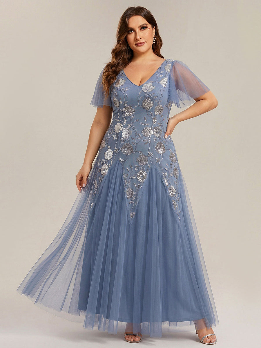 Robe longue à manches courtes en sequins avec volants et décolleté en V #Couleur_Marine Fume