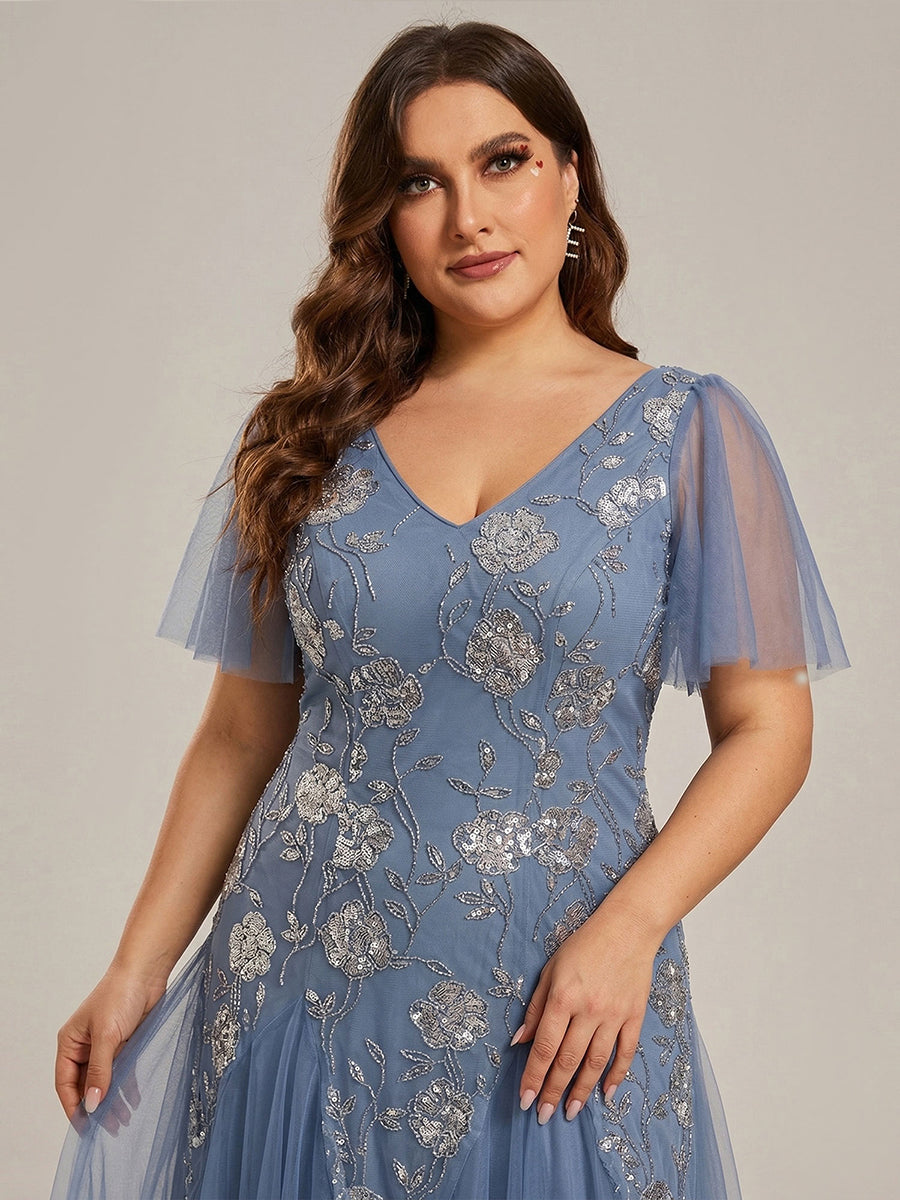 Robe longue à manches courtes en sequins avec volants et décolleté en V #Couleur_Marine Fume