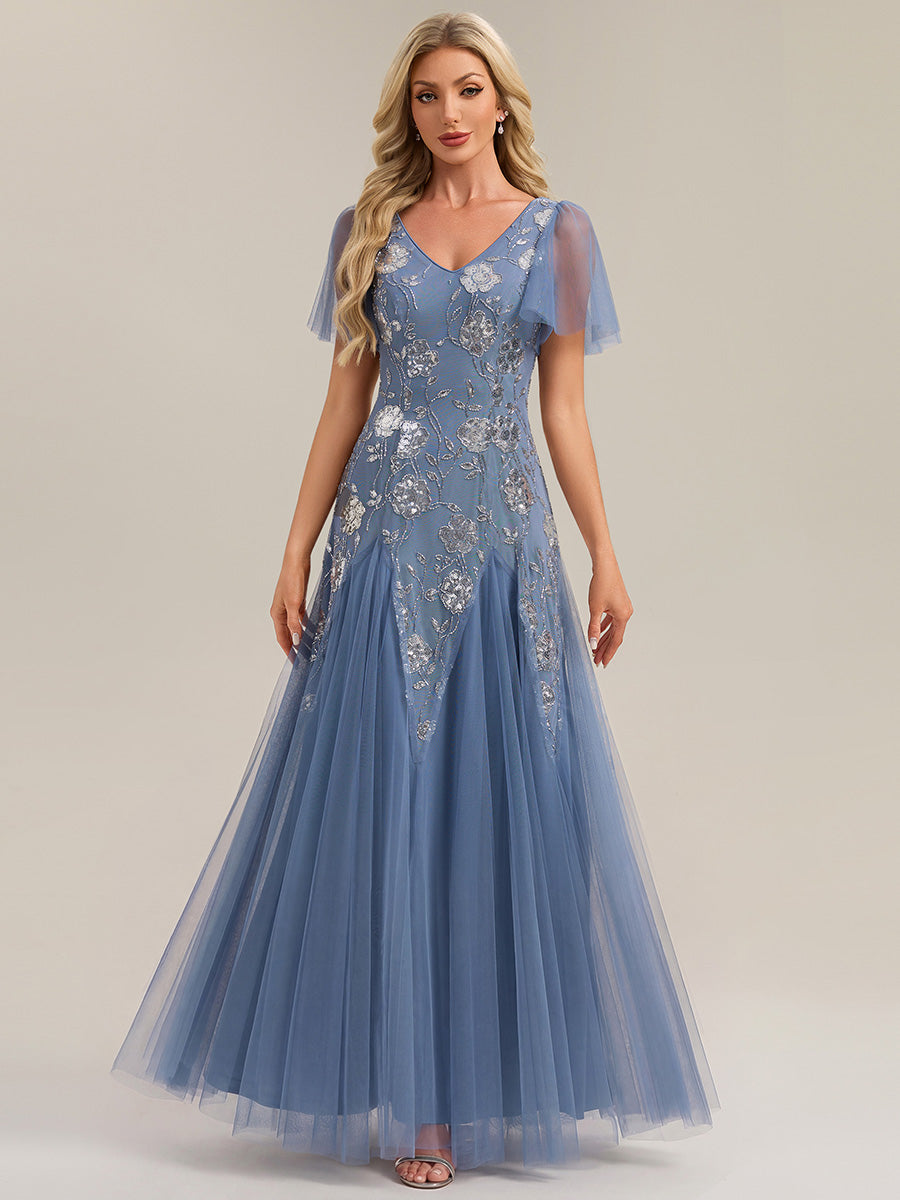 Robe longue à manches courtes en sequins avec volants et décolleté en V #Couleur_Marine Fume