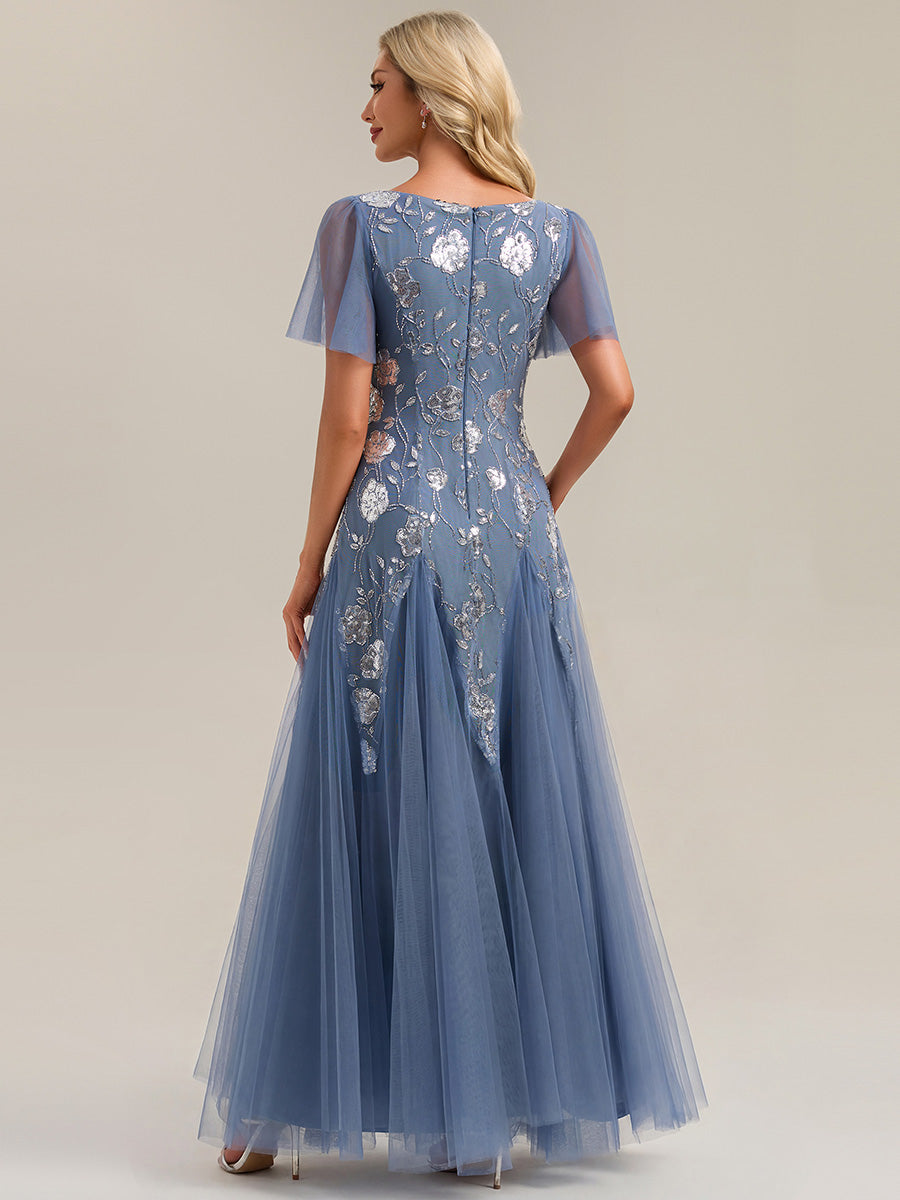 Robe longue à manches courtes en sequins avec volants et décolleté en V #Couleur_Marine Fume