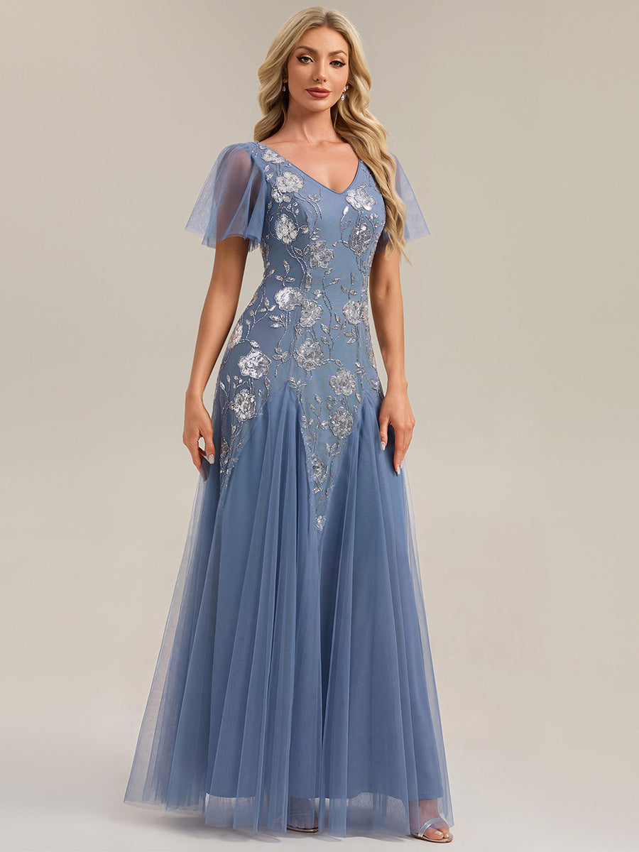 Robe longue à manches courtes en sequins avec volants et décolleté en V #Couleur_Marine Fume