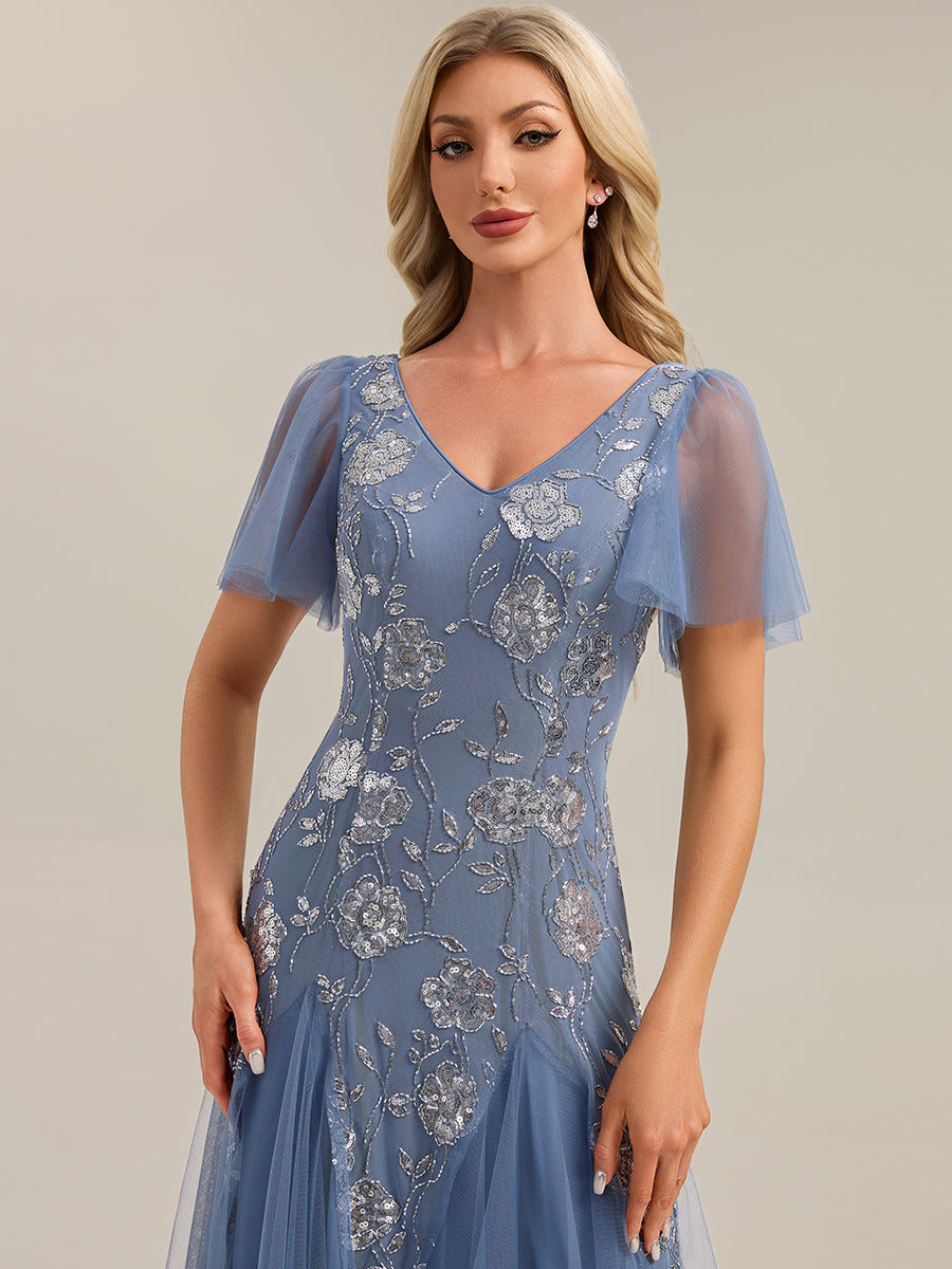 Robe longue à manches courtes en sequins avec volants et décolleté en V #Couleur_Marine Fume