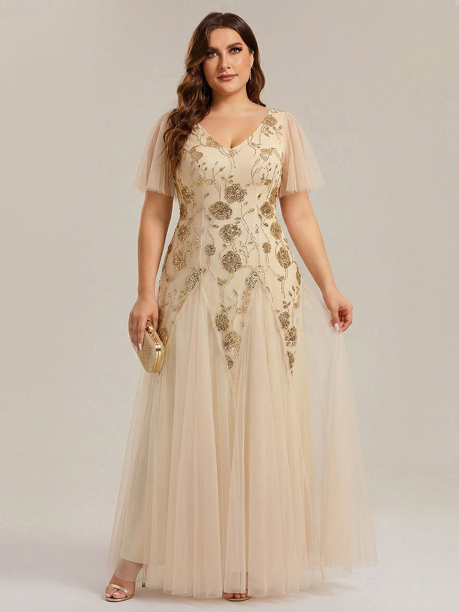 Robe longue à manches courtes en sequins avec volants et décolleté en V #Couleur_Dorée