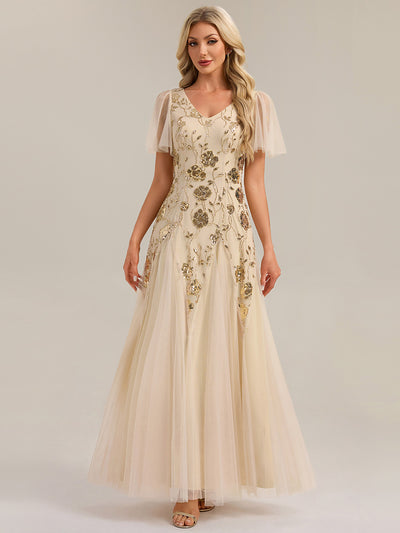 ever ORLA|Robe longue à manches courtes en sequins avec volants et décolleté en V