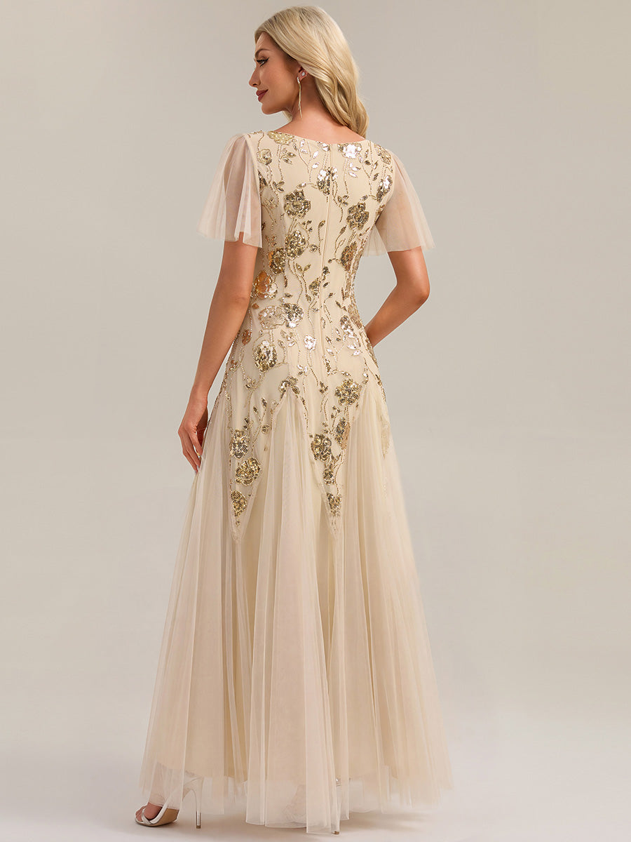 Robe longue à manches courtes en sequins avec volants et décolleté en V #Couleur_Dorée