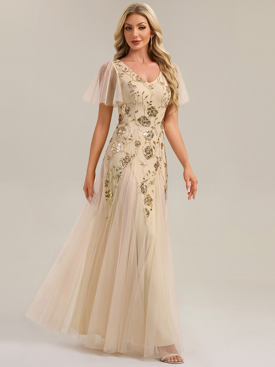 Robe longue à manches courtes en sequins avec volants et décolleté en V #Couleur_Dorée