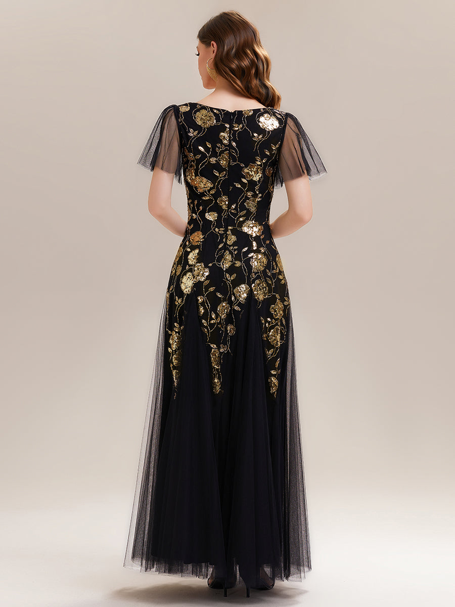 Robe longue à manches courtes en sequins avec volants et décolleté en V #Couleur_Noir & Or