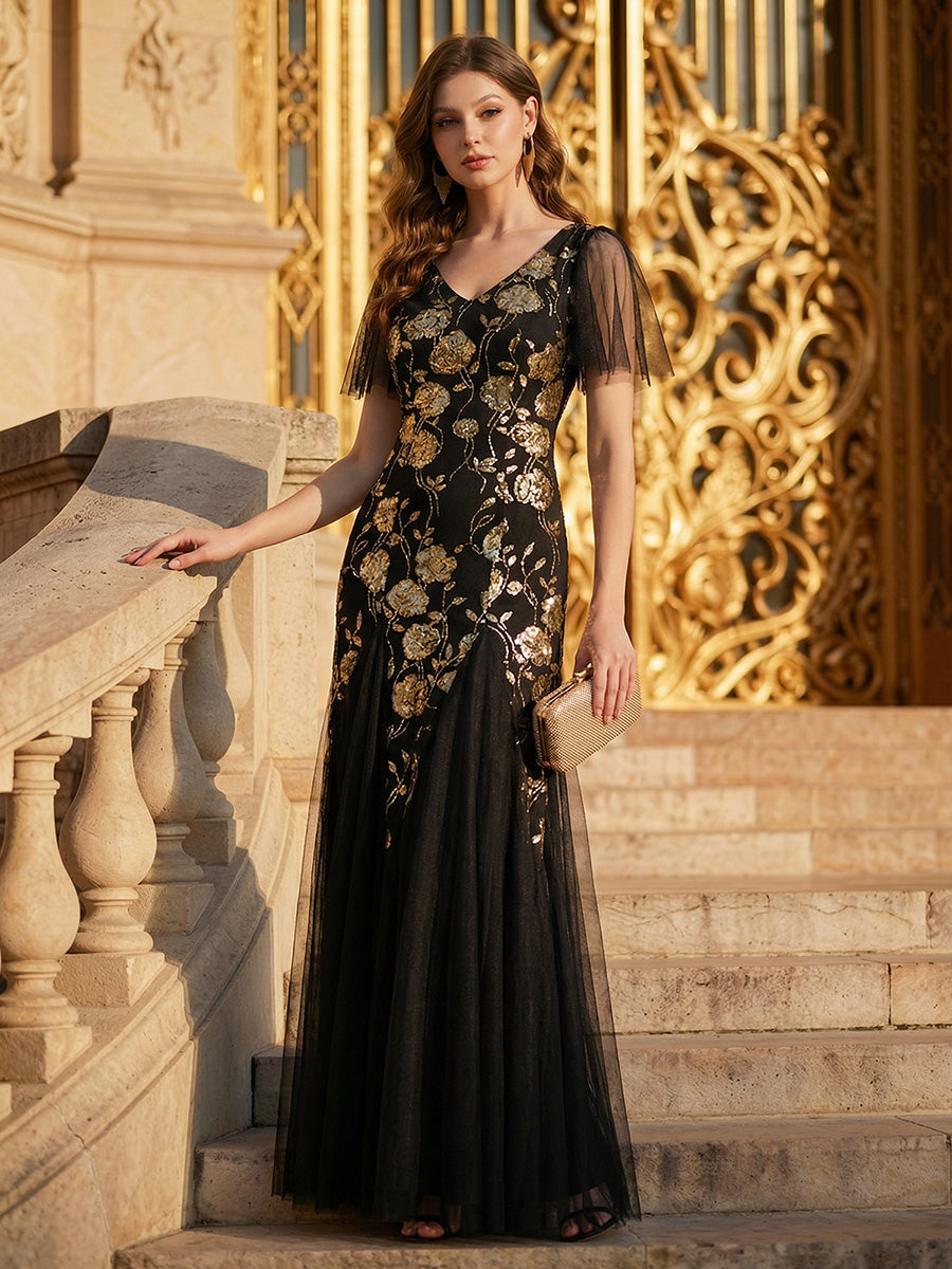 Robe longue à manches courtes en sequins avec volants et décolleté en V #Couleur_Noir & Or