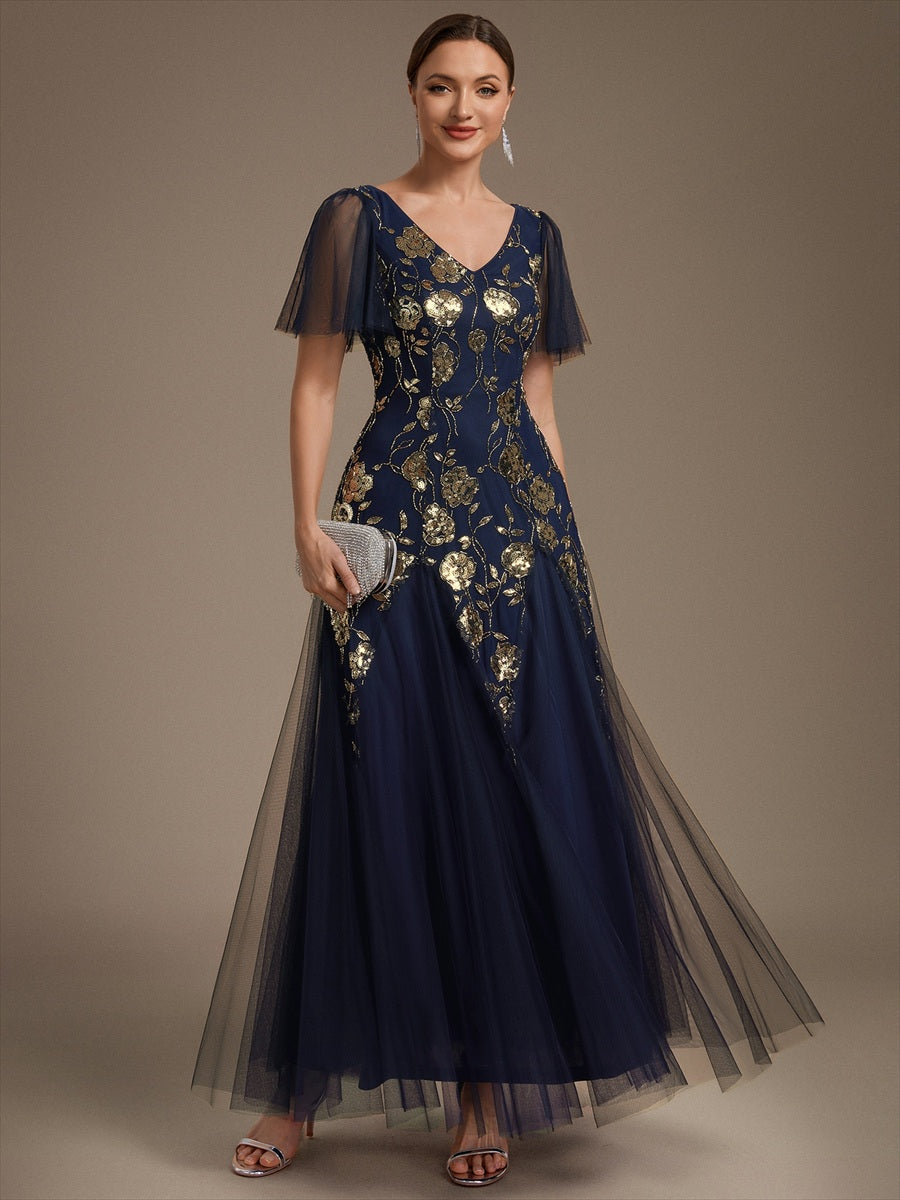 Robe longue à manches courtes en sequins avec volants et décolleté en V #Couleur_Bleu Marine