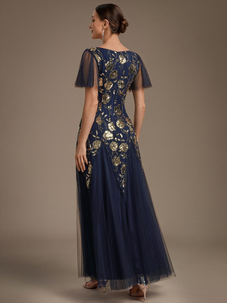 Robe longue à manches courtes en sequins avec volants et décolleté en V #Couleur_Bleu Marine