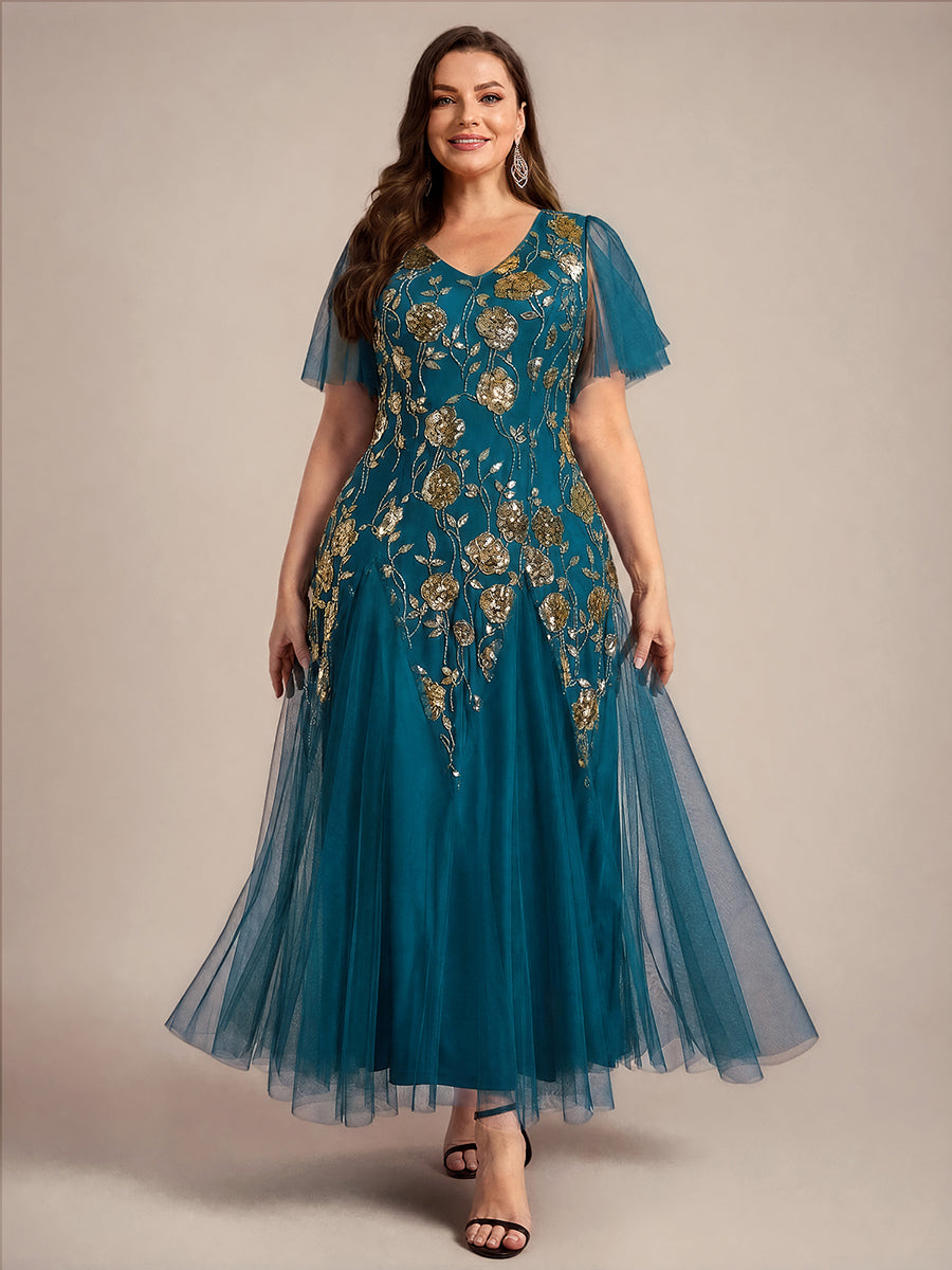 Robe longue à manches courtes en sequins avec volants et décolleté en V #Couleur_Bleu Sarcelle