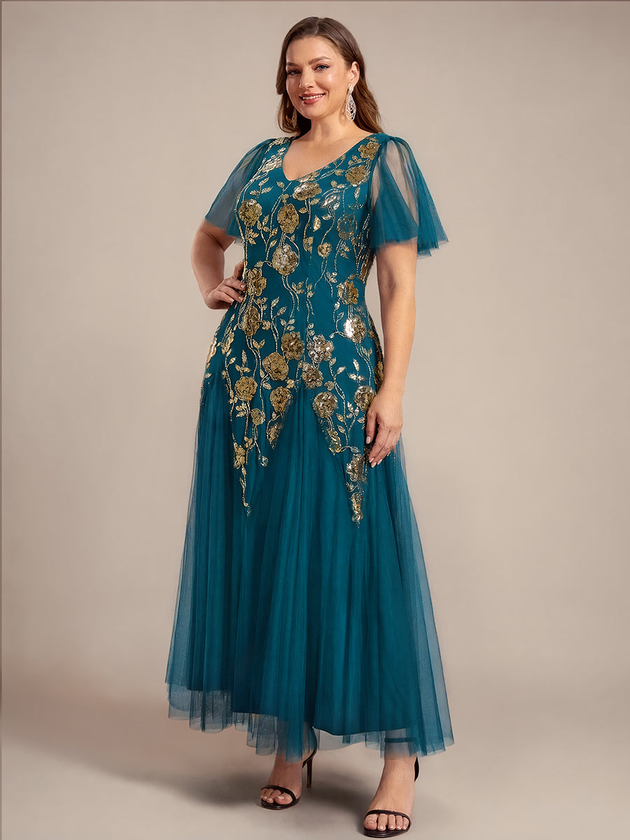Robe longue à manches courtes en sequins avec volants et décolleté en V #Couleur_Bleu Sarcelle