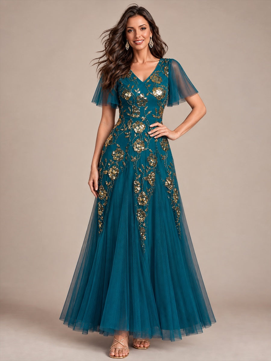 Robe longue à manches courtes en sequins avec volants et décolleté en V #Couleur_Bleu Sarcelle
