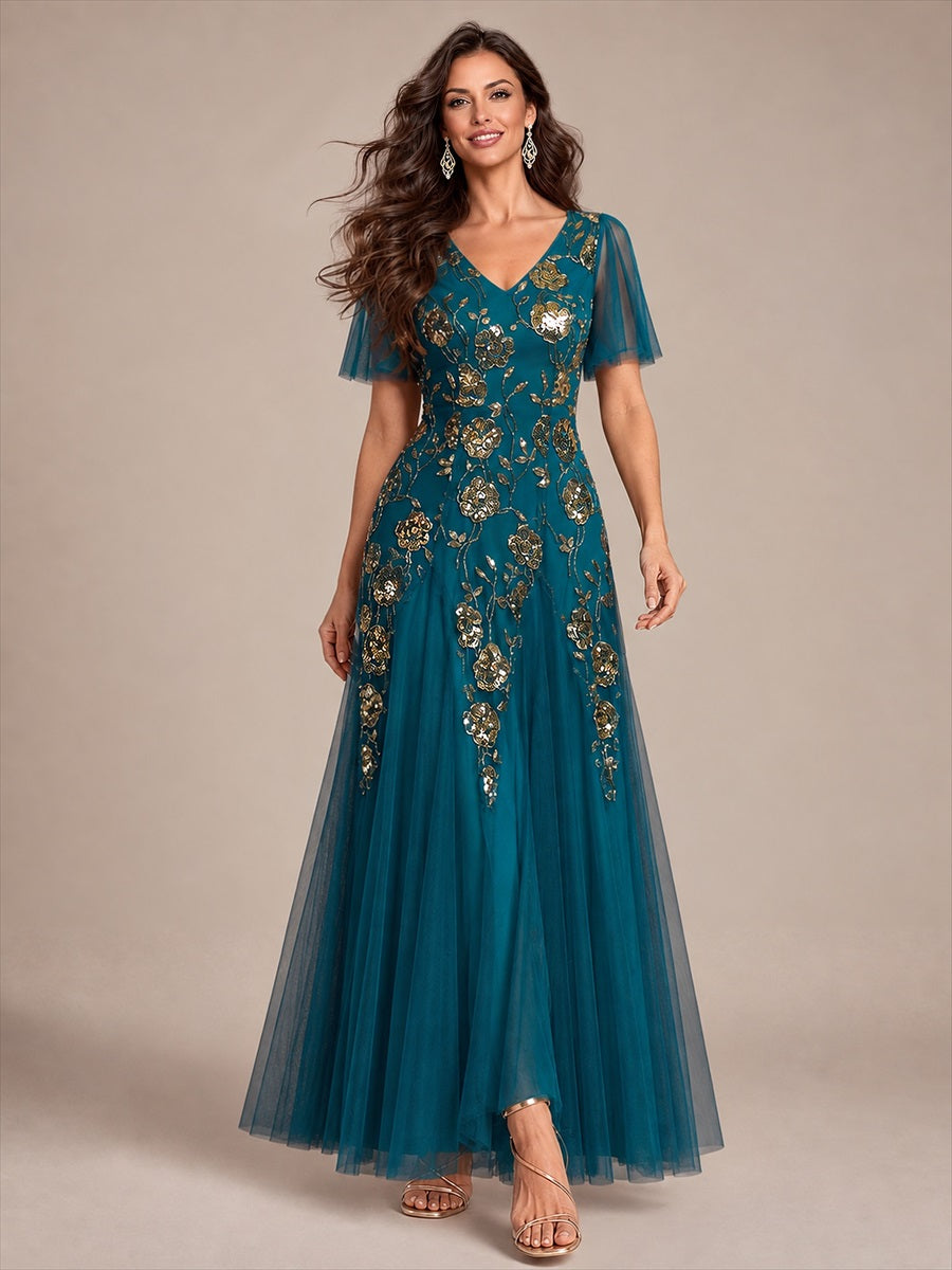 Robe longue à manches courtes en sequins avec volants et décolleté en V #Couleur_Bleu Sarcelle
