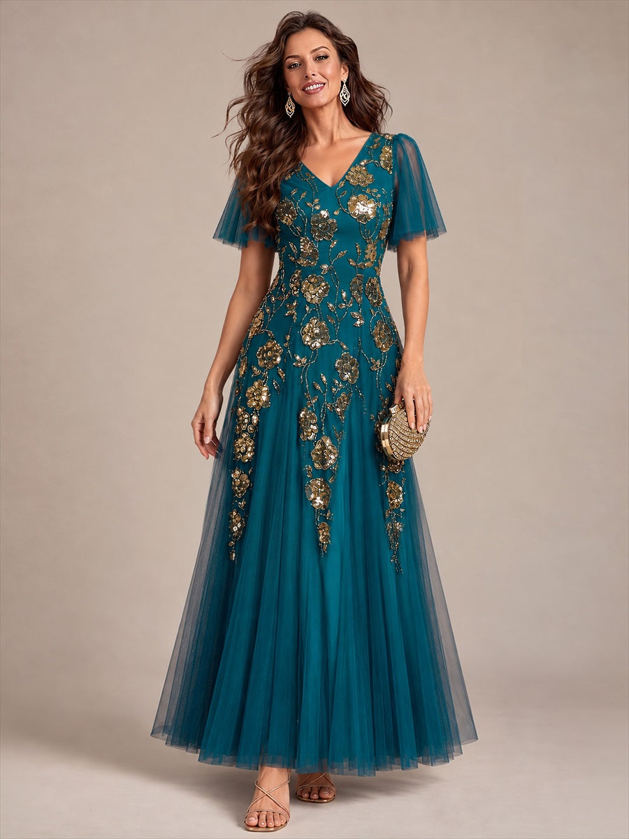 Robe longue à manches courtes en sequins avec volants et décolleté en V #Couleur_Bleu Sarcelle