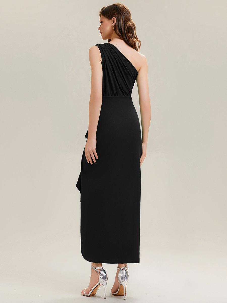 Robe moulante sans manches à épaule dénudée en tissu extensible avec fente haute et détails volants #Couleur_Noir