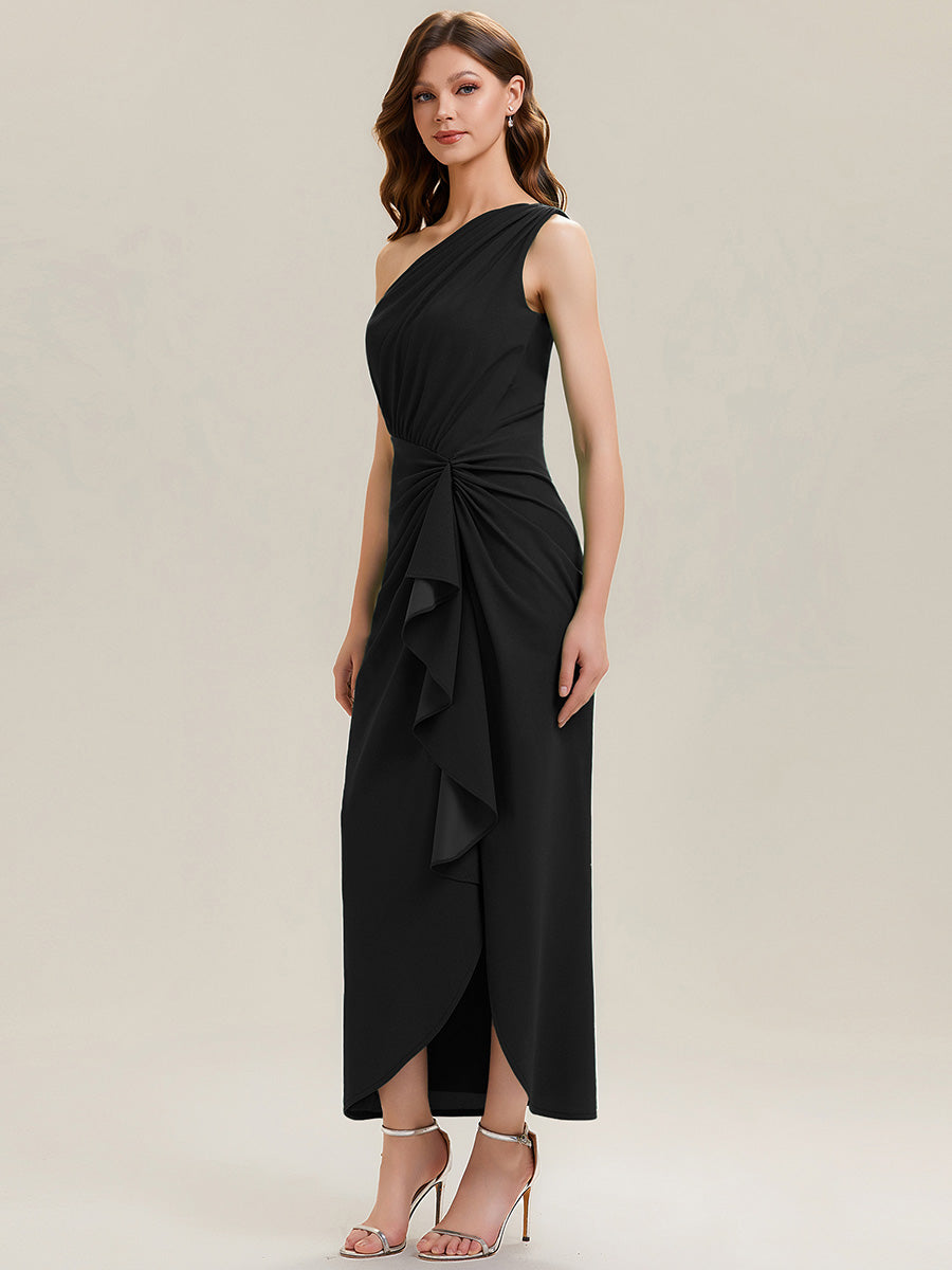 Robe moulante sans manches à épaule dénudée en tissu extensible avec fente haute et détails volants #Couleur_Noir